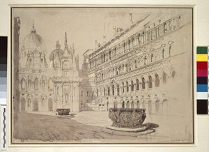 1841年5月、ヴェネツィアの公爵の宮廷（黒鉛、水彩、ボディカラー、淡い灰色の紙にペンとインク） 作： John Ruskin